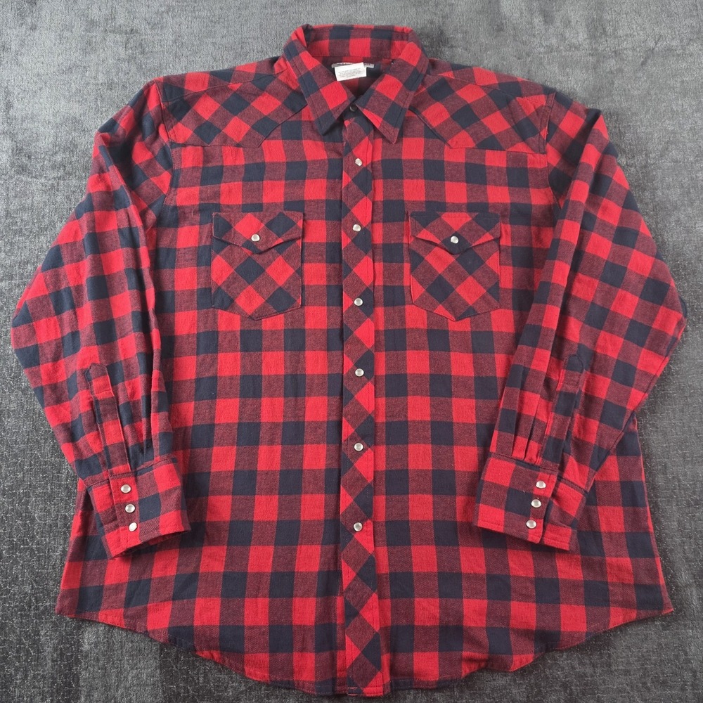 Wrangler Pearl Snap Shirt XXL Plaid Flannel Red Buffalo Check Cotton 2XL